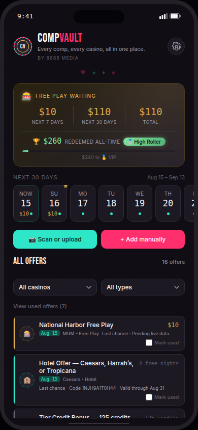 CompVault app home — free-play waiting totals, a 30-day calendar strip, and offer cards