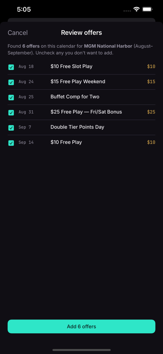 CompVault scan review — six offers read off a single monthly casino calendar, ready to add